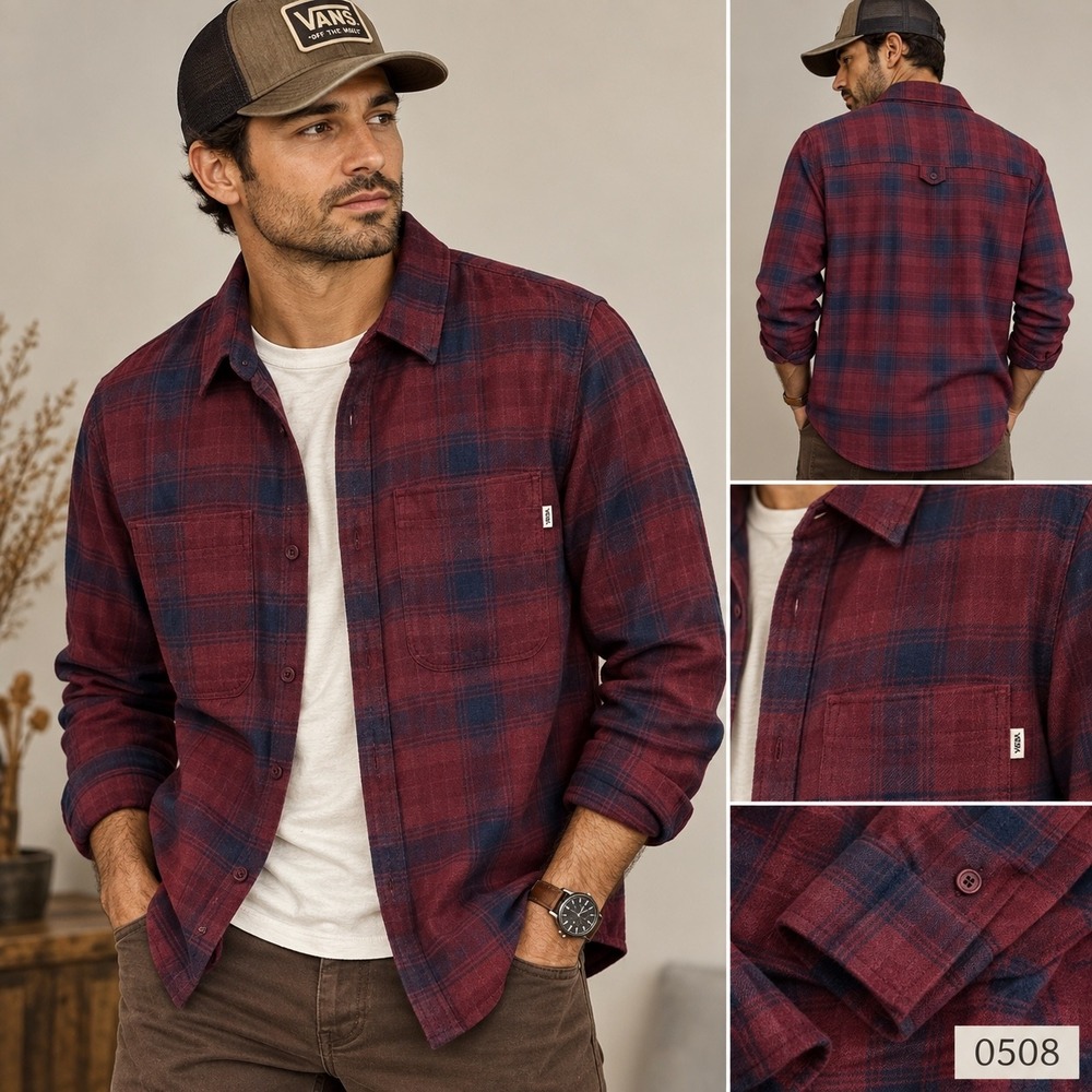 Vans Mens Burgundy Navy Plaid Long Sleeve Cotton Flannel Shirt Large 0508